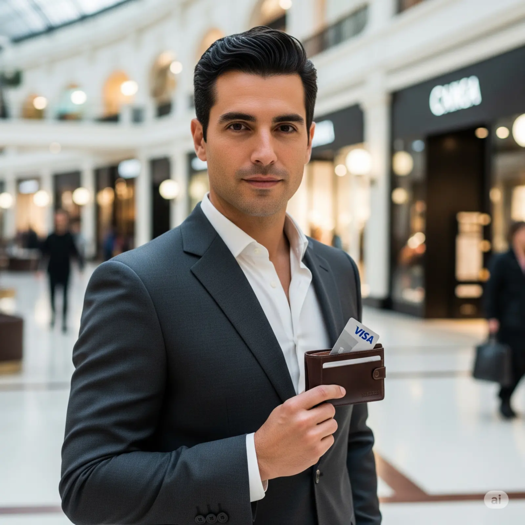 uomo elegante con portafoglio e carta di credito in una galleria commerciale