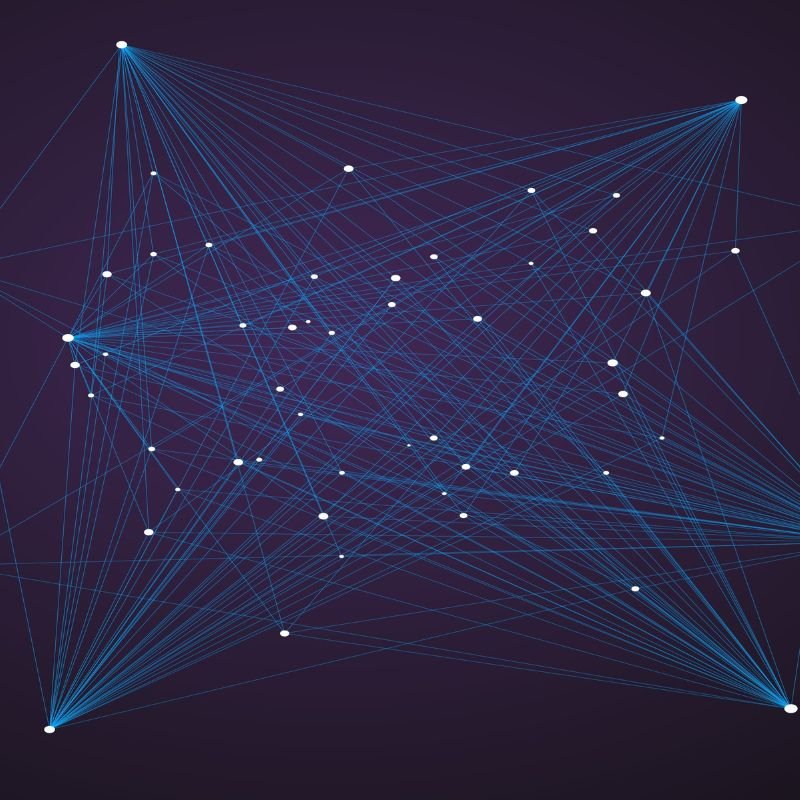 Visualizzazione astratta di una rete neurale o sistema decentralizzato con nodi connessi da linee luminose su sfondo scuro.