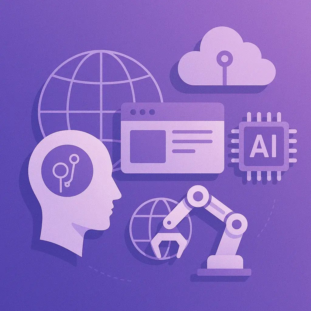 Illustrazione astratta che rappresenta il futuro del web, con simboli di intelligenza artificiale, centralizzazione dei contenuti e interconnessione digitale.