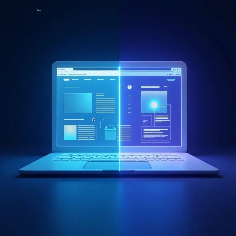 Laptop con interfaccia digitale luminosa su sfondo scuro, diviso in due sezioni simmetriche, simbolo di sviluppo web futuristico.