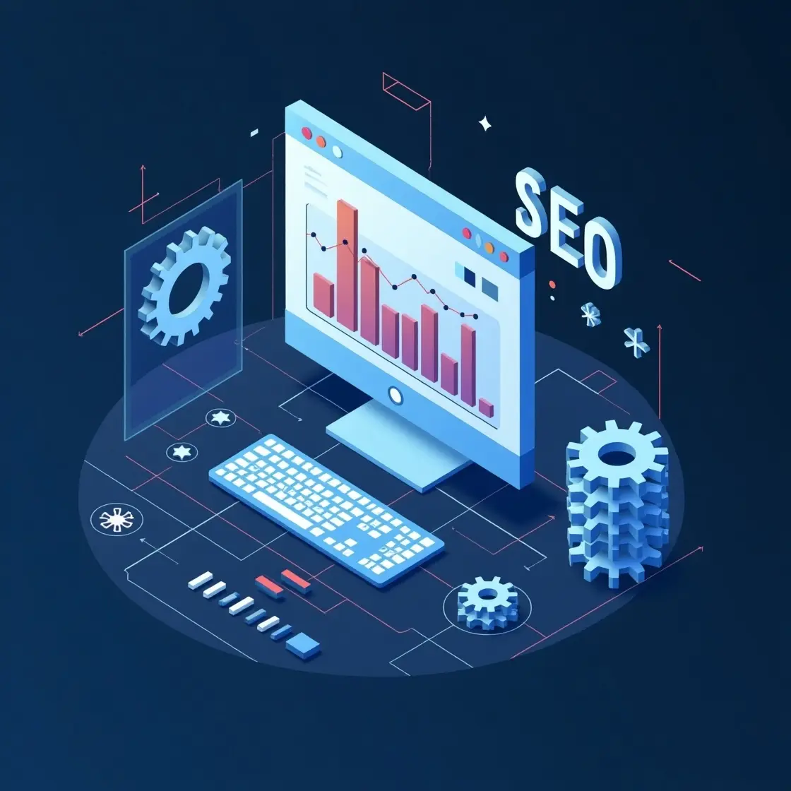 Monitor con grafici, tastiera e ingranaggi su sfondo digitale, simbolo di ottimizzazione SEO e analisi dei dati.
