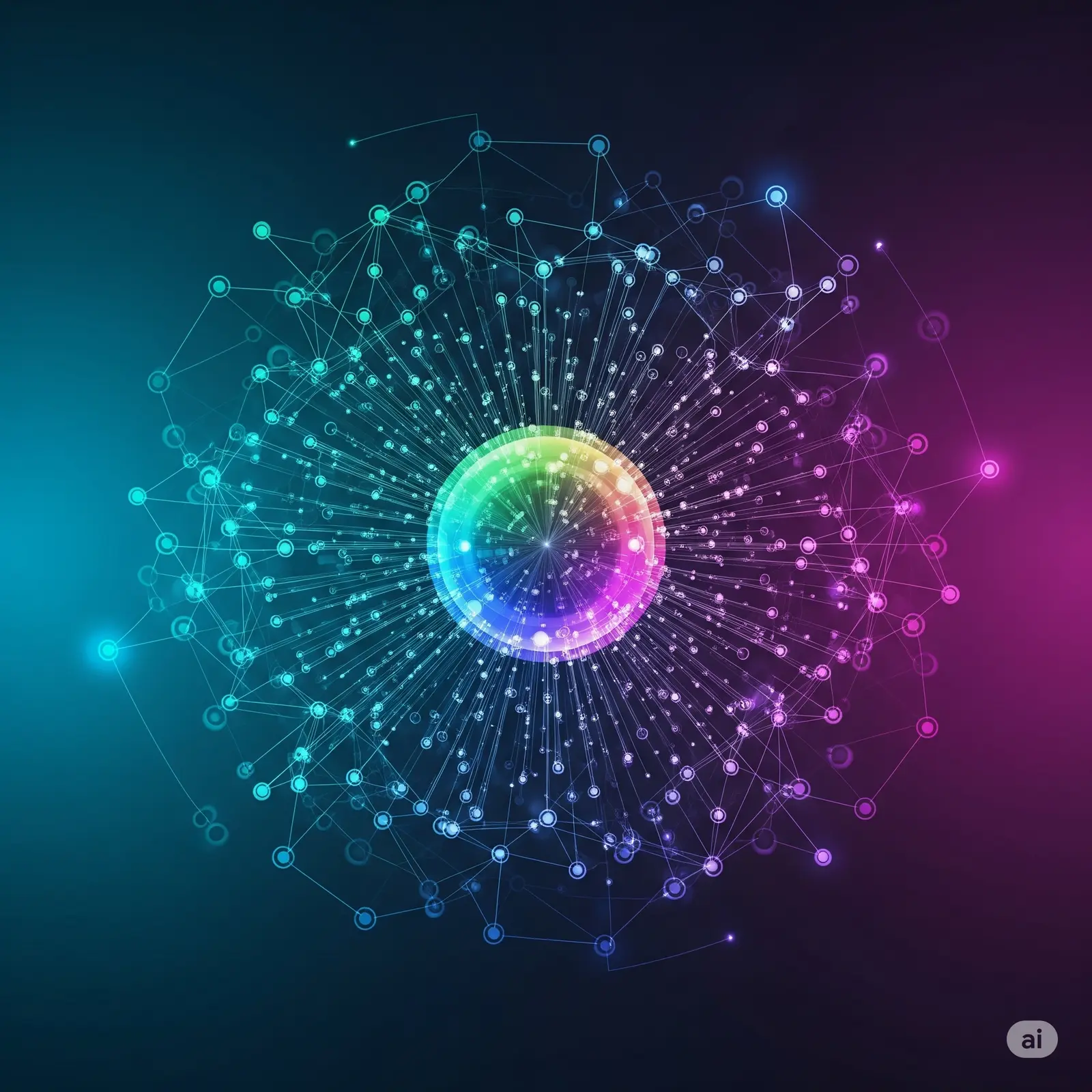 Rete astratta multicolore su sfondo scuro, con connessioni che convergono verso un nucleo centrale luminoso.