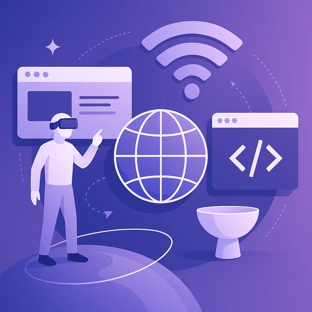 Illustrazione astratta che rappresenta il futuro del web con realtà virtuale, browser, codice e connessione globale.