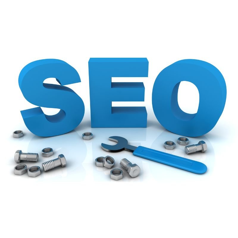 Scritta SEO in blu con bulloni e chiave inglese, simbolo di ottimizzazione tecnica e manutenzione dei siti web.