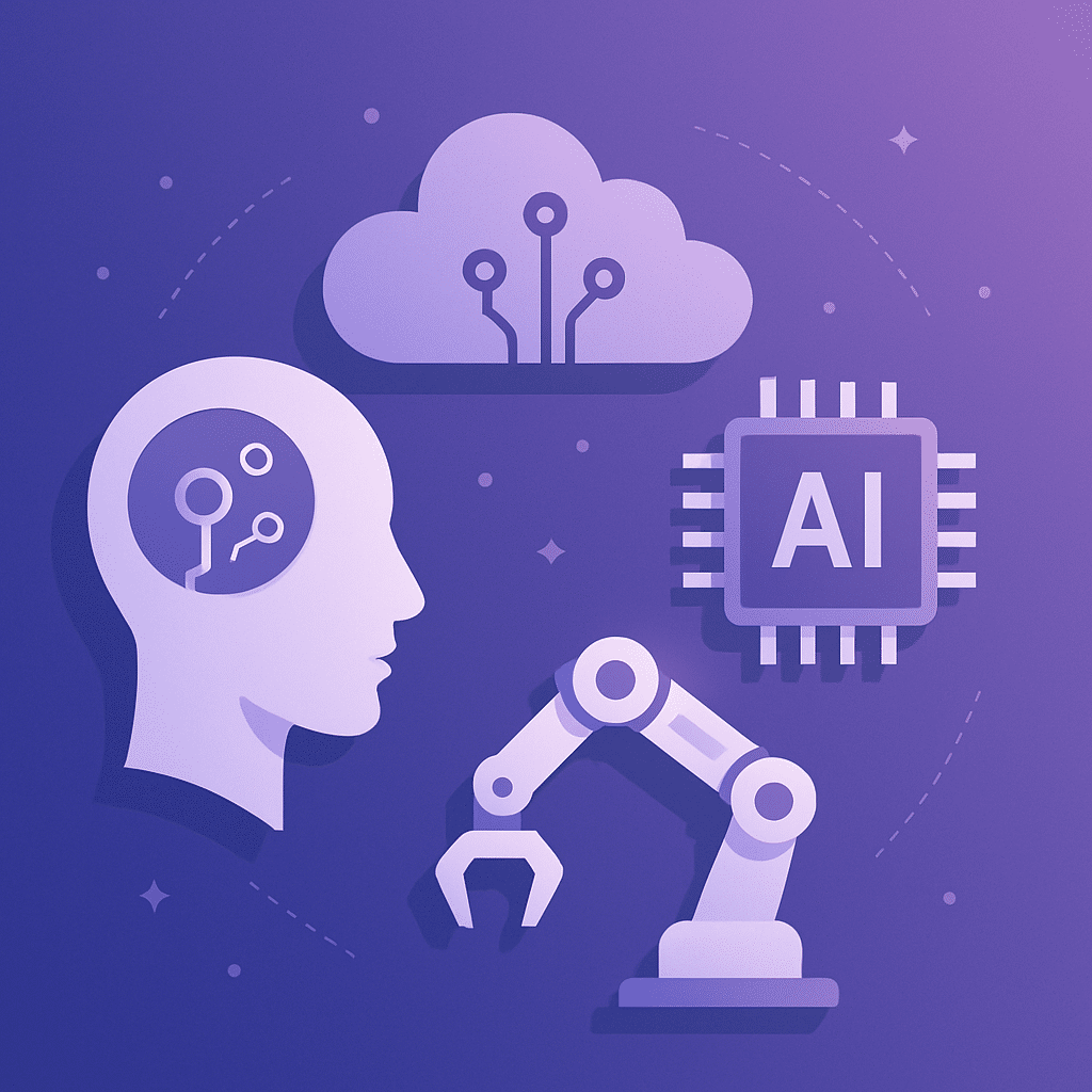 Illustrazione che rappresenta le tecnologie emergenti con intelligenza artificiale, robotica, cloud computing e cervello umano interconnesso.